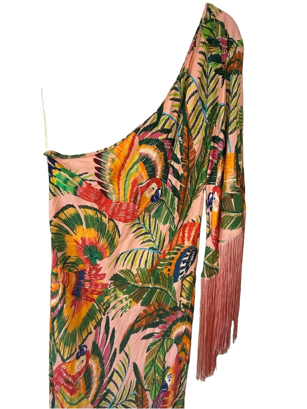 FARM Rio Macaw Leaves One Shoulder Fringe Midi Dress XL Parrot Tropical Rare - Picture 14 of 15